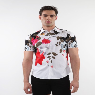 Men Slim Fit Printed Cut Away Collar Casual Shirt