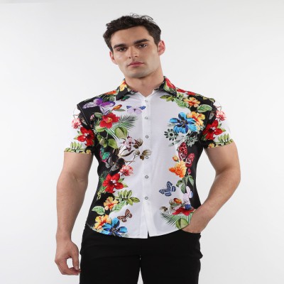 Men Slim Fit Printed Cut Away Collar Casual Shirt